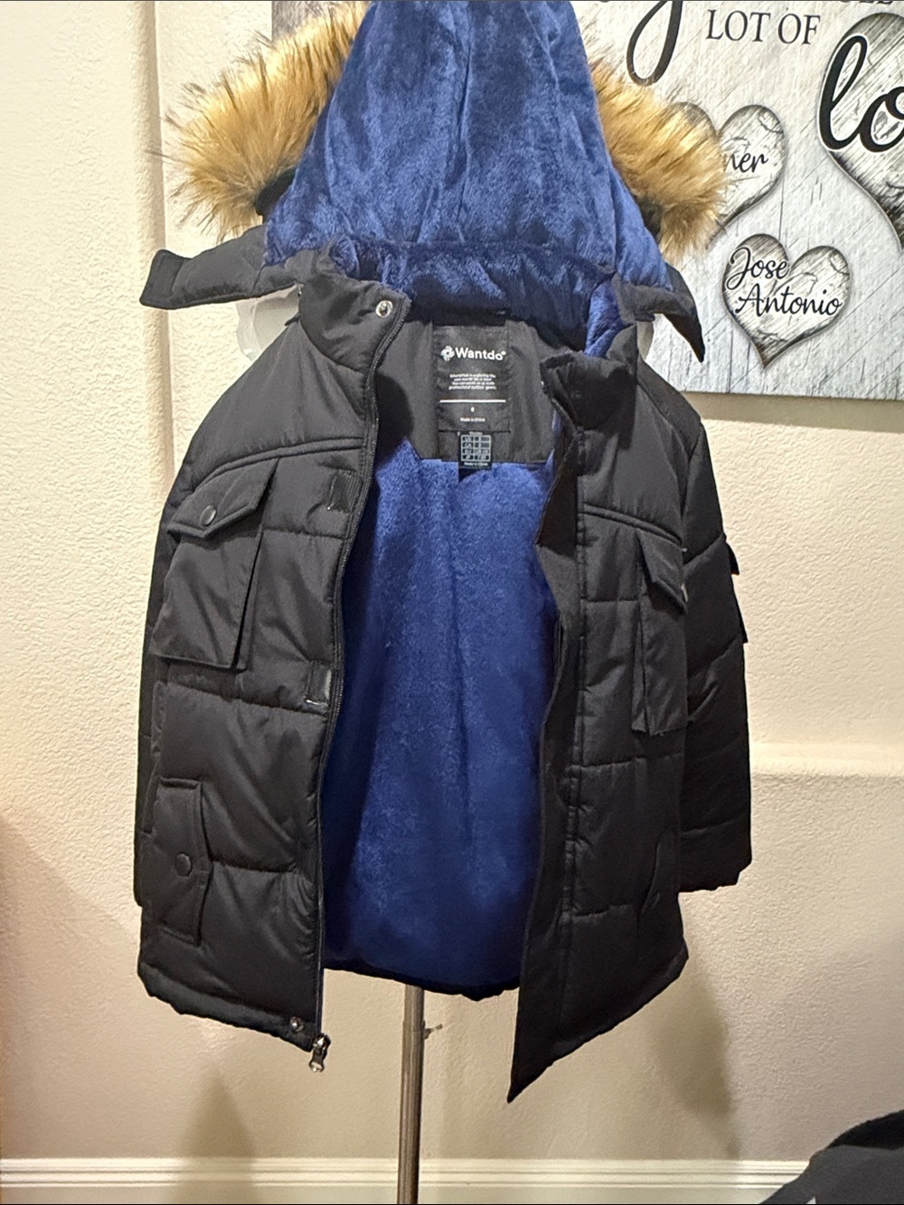 Kids Black Puffer Jacket with Blue Fleece Lining and Faux-Fur Hood